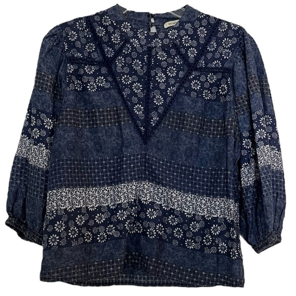 Anthropologie Eryn Boho Floral Blouse saison de la fleur Blue Cotton Top Small